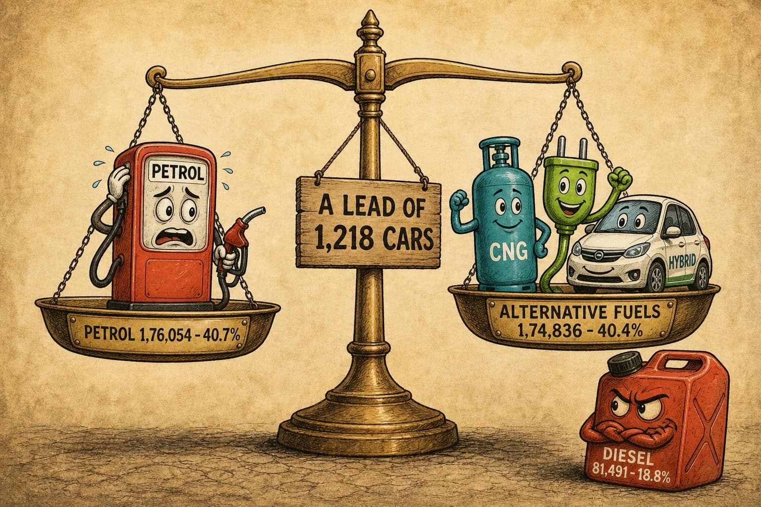 A balance scale almost level, petrol's pan a hair lower: a petrol pump labelled PETROL 1,76,054 and 40.7% against a CNG cylinder, plug and hybrid car labelled ALTERNATIVE FUELS 1,74,836 and 40.4%; a sign reads A LEAD OF 1,218 CARS and a diesel can labelled DIESEL 81,491 and 18.8% watches.