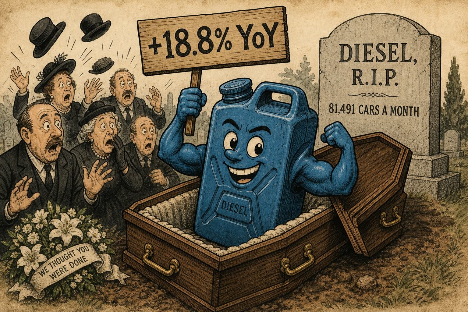 A coffin labelled DIESEL with the lid pushed open and an arm holding a sign reading +16.0% YoY.