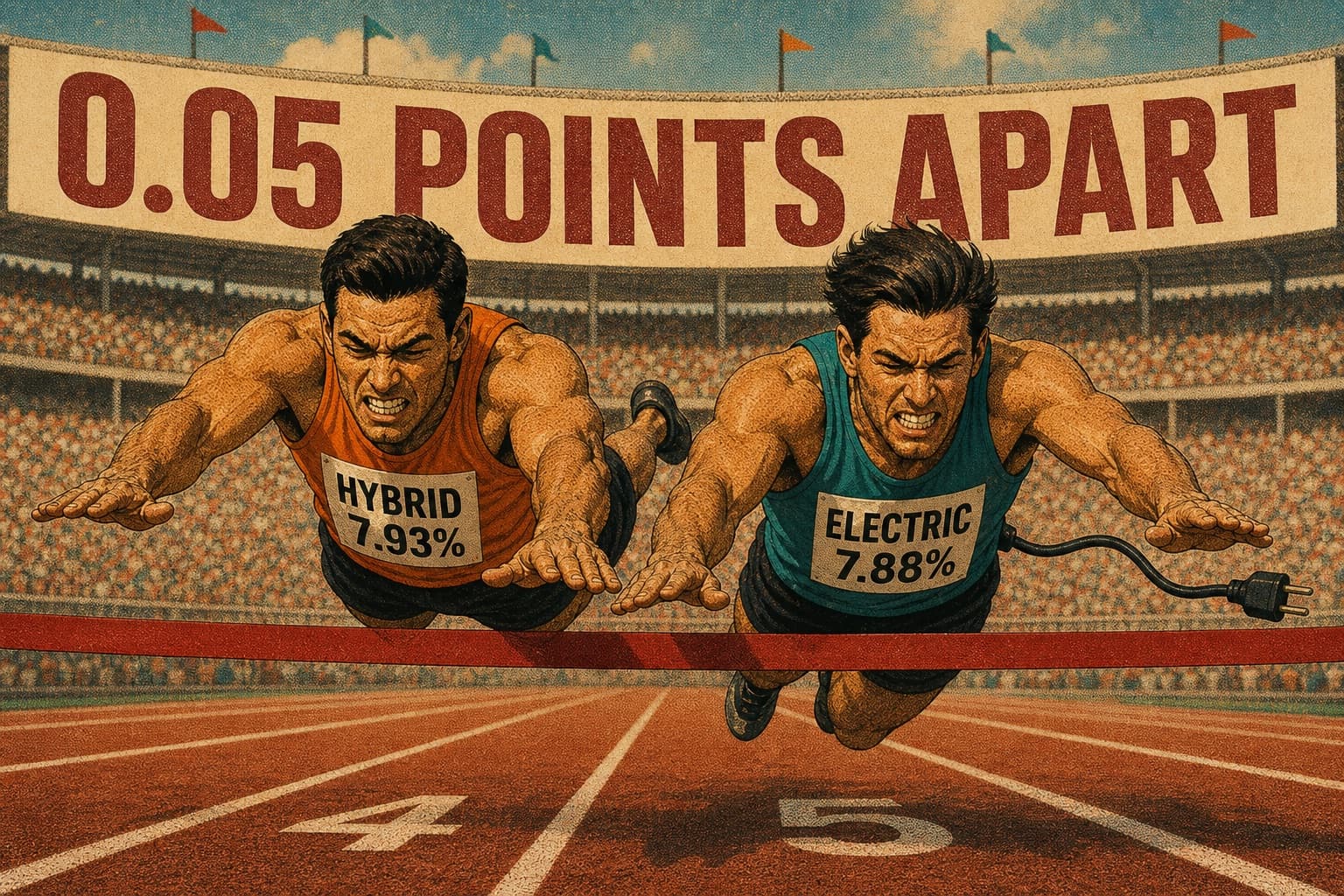 Two sprinters in a photo finish under a banner reading 0.05 POINTS APART, bibs reading HYBRID 7.93% and ELECTRIC 7.88%.