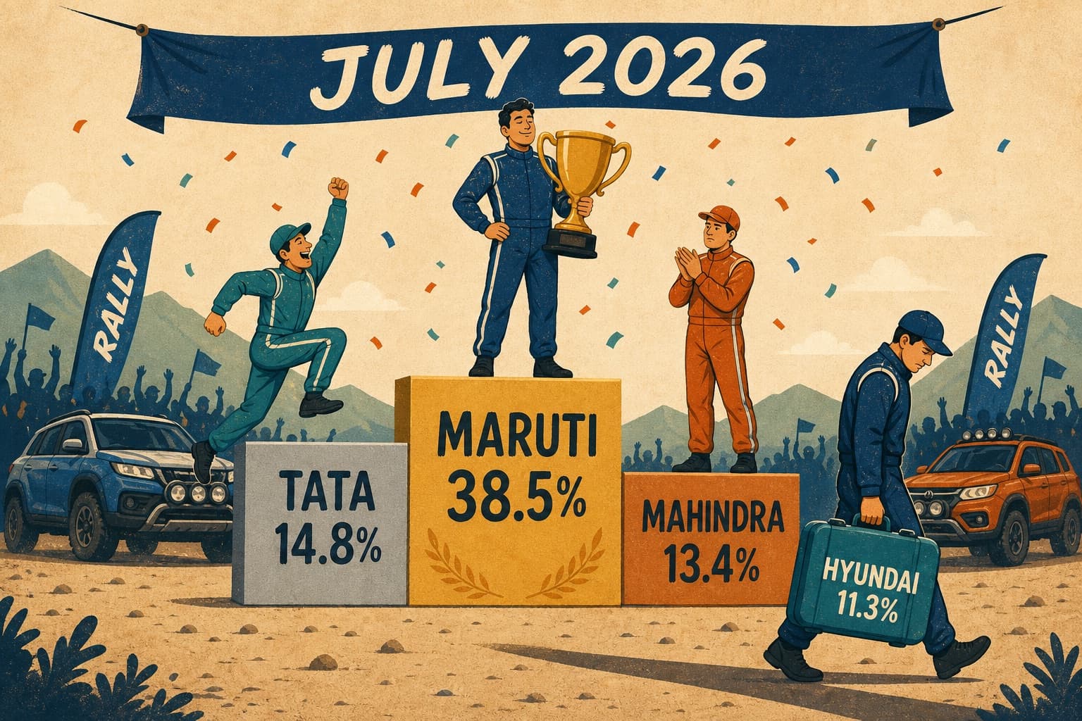 A podium with steps labelled Maruti 38.5%, Tata 14.8% and Mahindra 13.4%, while a figure carries away a Hyundai 11.3% suitcase.