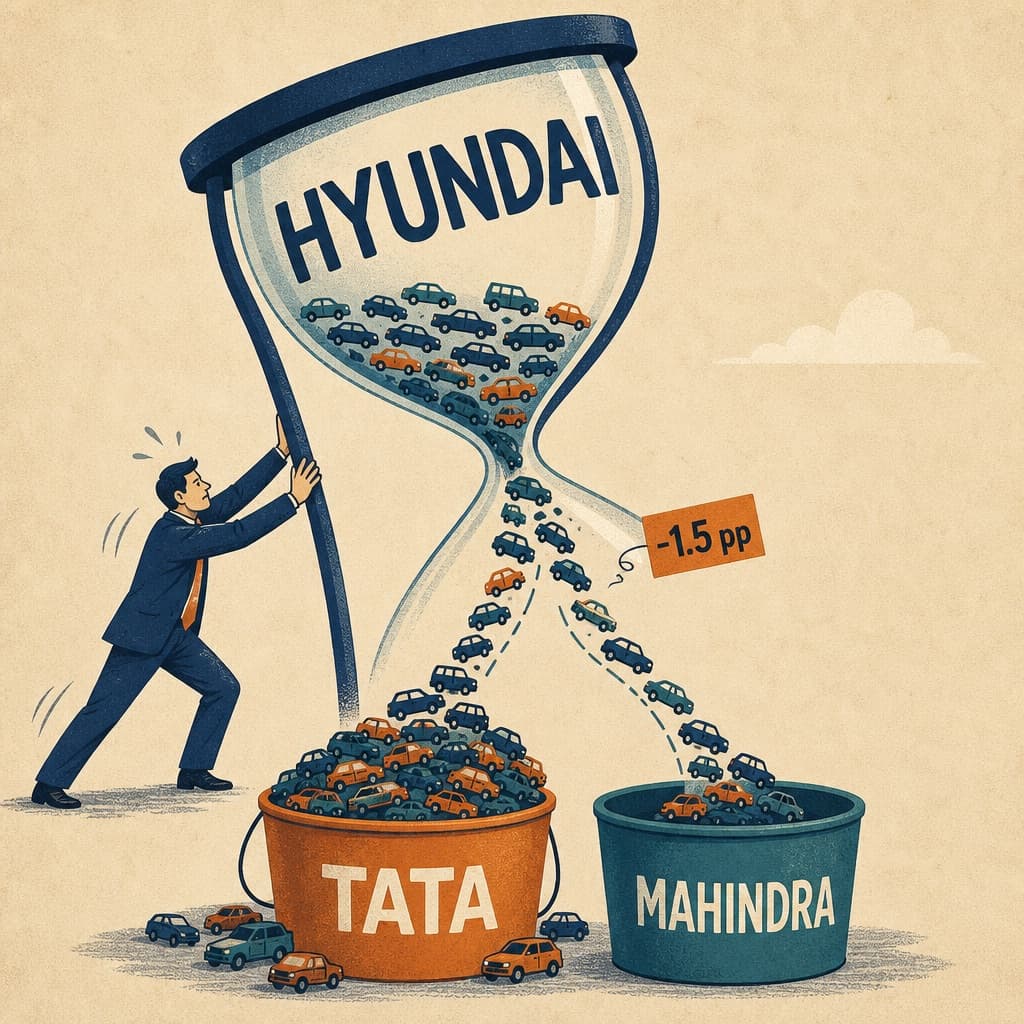 An hourglass labelled Hyundai drains tiny cars into buckets labelled Tata and Mahindra.
