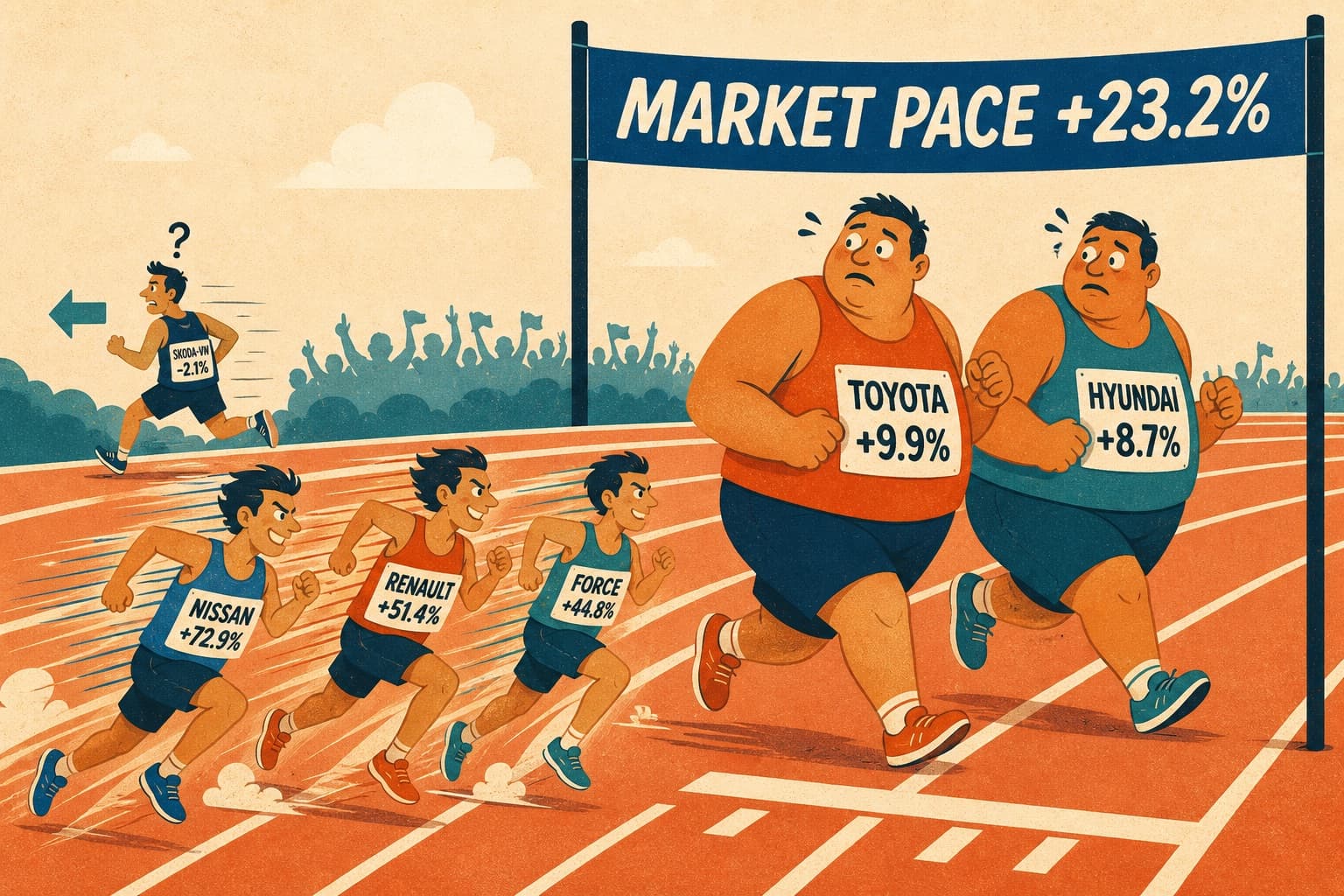 Small sprinters with bibs reading Nissan +72.9%, Renault +51.4% and Force +44.8% chase larger runners.