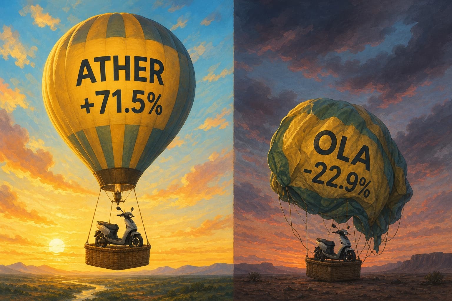 Split scene of two hot-air balloons: one rising lettered 'ATHER +71.5%', one deflating lettered 'OLA -22.9%'.