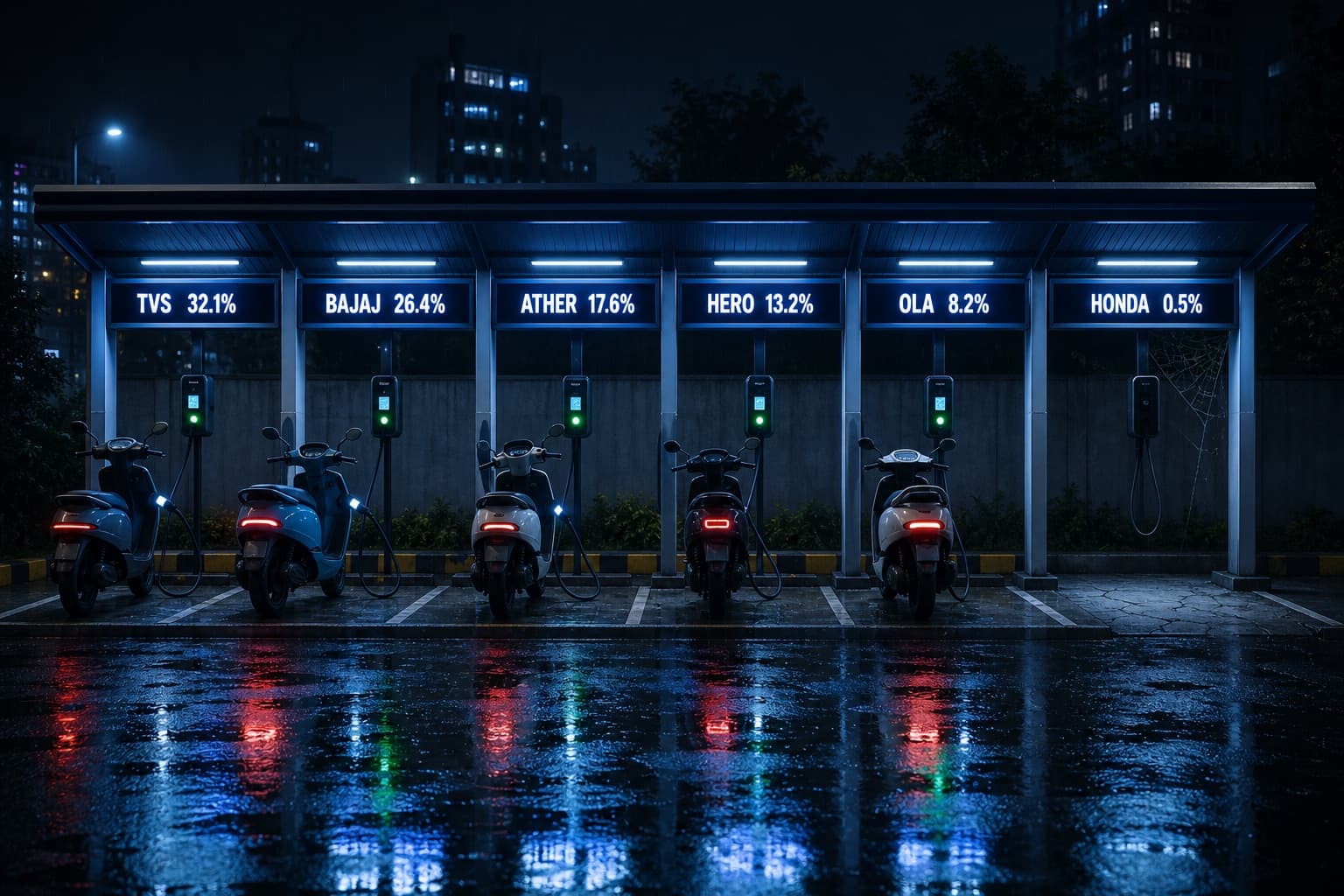 Night charging plaza: five bays occupied by electric scooters under signs reading TVS 32.1%, Bajaj 26.4%, Ather 17.6%, Hero 13.2% and Ola 8.2% - and a sixth bay empty and cobwebbed under a sign reading Honda 0.5%.