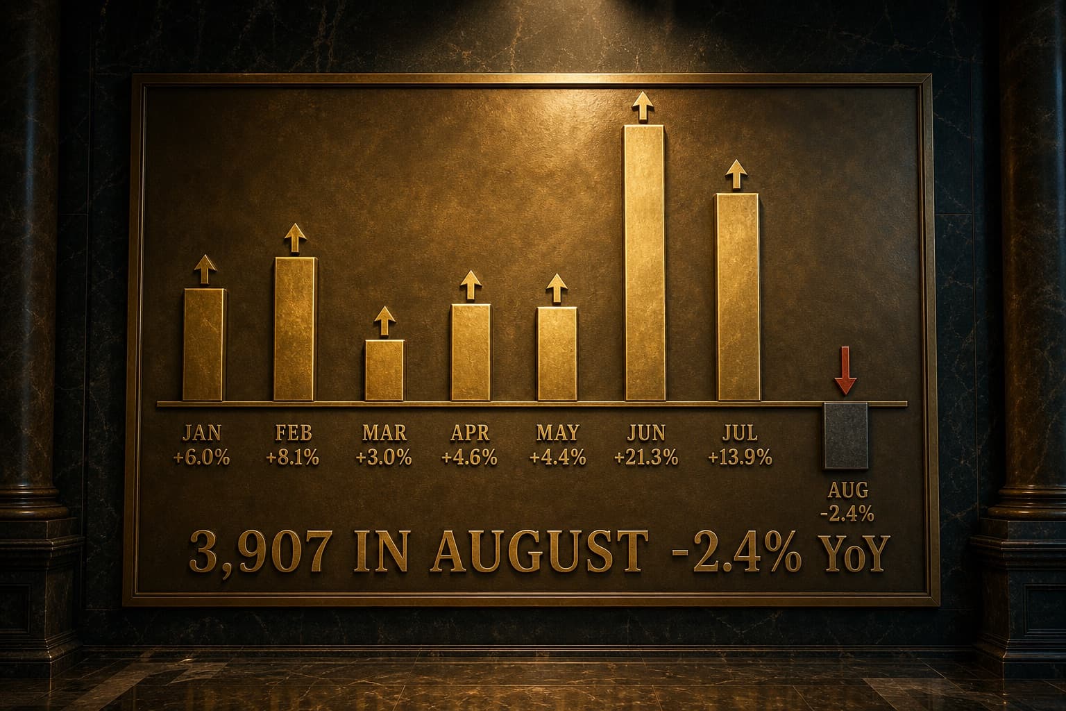 A brass growth board: eight bars, one per month, their heights set by year-on-year growth — Jan +6.0%, Feb +8.1%, Mar +3.0%, Apr +4.6%, May +4.4%, Jun +21.3%, Jul +13.9% — and a short dark eighth bar for Aug at -2.4%, above lettering reading about 3,907 in August, -2.4% YoY.