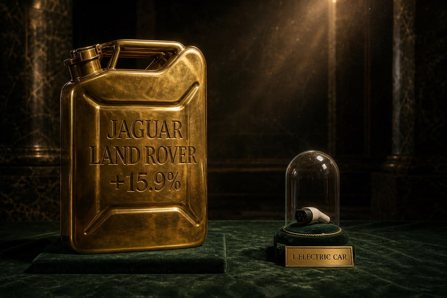 A gleaming brass fuel can lettered Jaguar Land Rover +15.9% beside a single tiny charging plug on a velvet cushion under a glass dome, lettered 1 electric car.