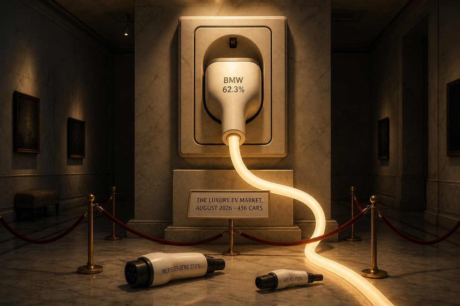 A monumental museum socket with a glowing plug lettered BMW 62.3% seated in it, the gallery around it visibly shrunken, smaller plugs lettered Mercedes-Benz 27.0% and Volvo 7.2% below.